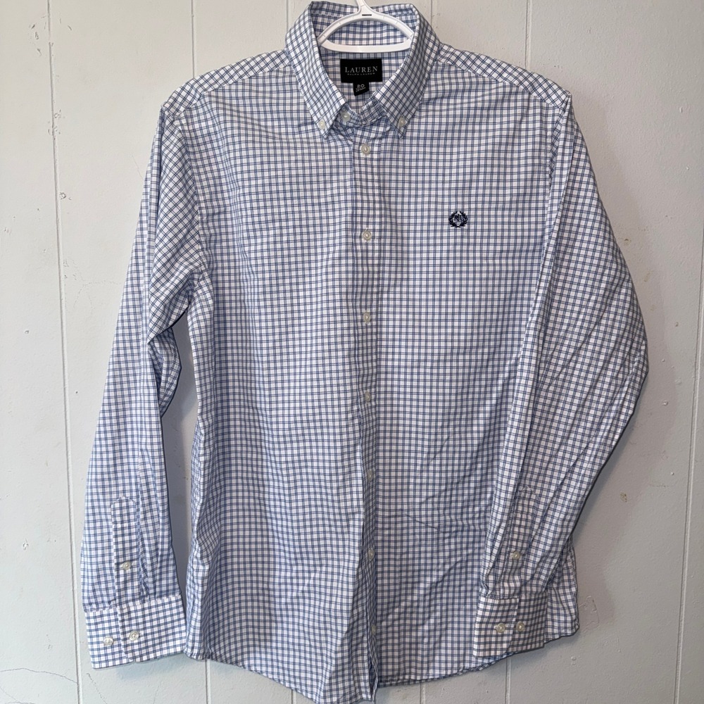 Lauren Ralph Lauren Blue White Plaid Button Down Shirt Embroidered Crest Size 20